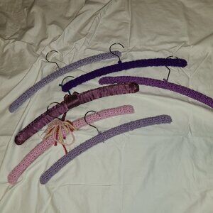 Lot Of 6 Vintage Handmade Crocheted / Knitted Wooden Hangers Purple Colors